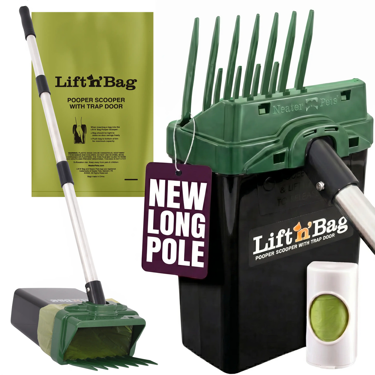 Neater Pets Lift N' Bag Dog Pooper Scooper with Extended 31” Pole - Innovative Scoop-To-Bag Design, One-Handed Operation, Extra-Large Bags, Made in the USA