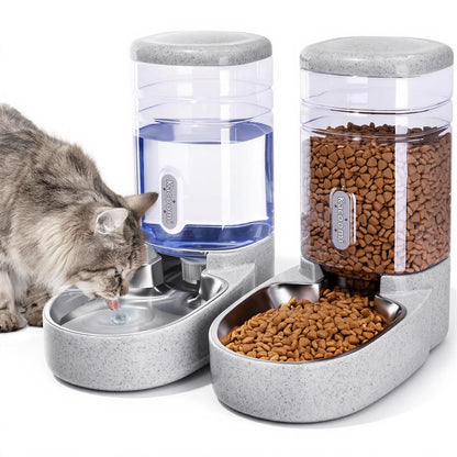 Kacoomi 2-Pack Automatic Gravity Pet Feeder and Water Dispenser Set, 1 Gallon Capacity Each with Stainless Steel Bowls for Cats and Small Dogs