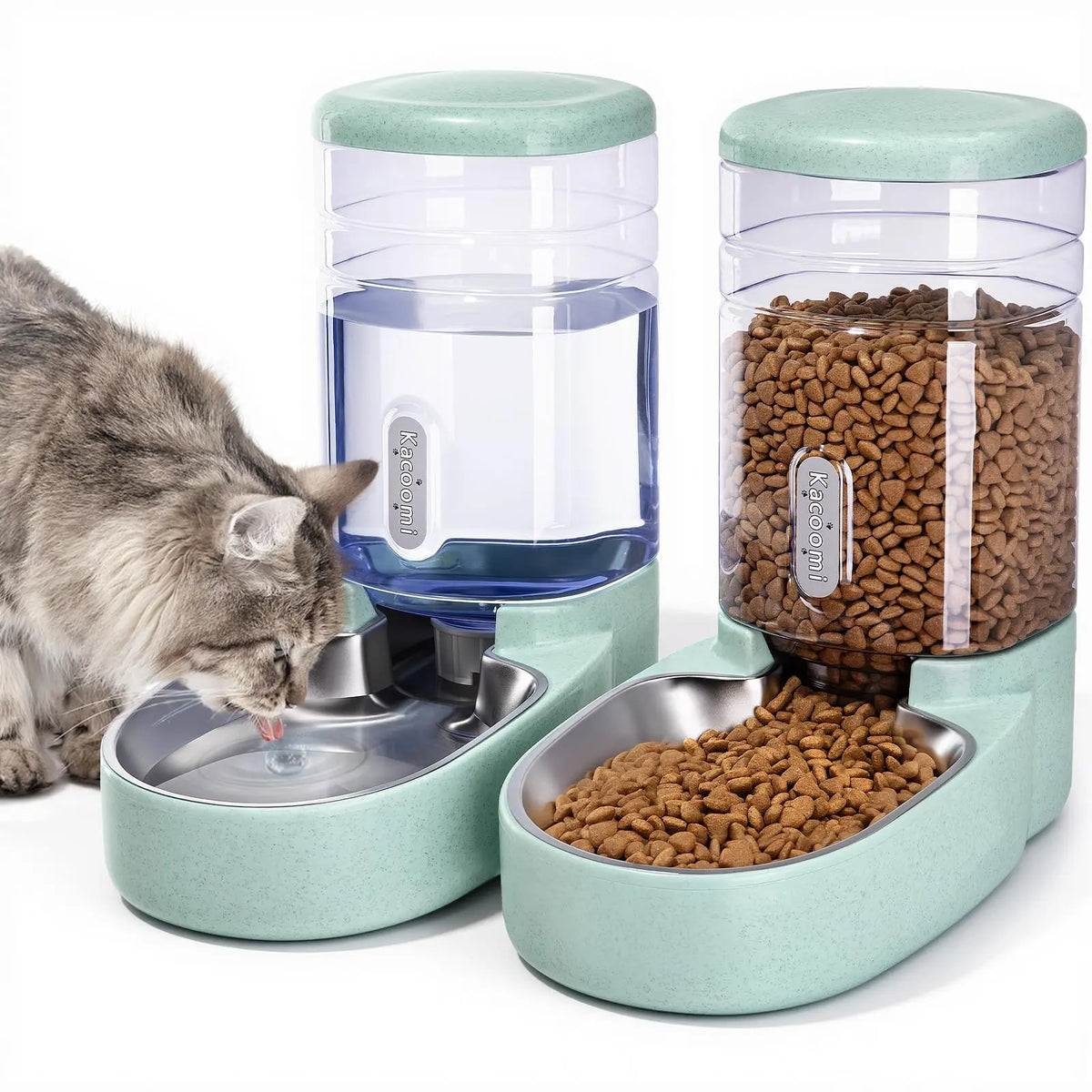 Kacoomi 2-Pack Automatic Gravity Pet Feeder and Water Dispenser Set, 1 Gallon Capacity Each with Stainless Steel Bowls for Cats and Small Dogs