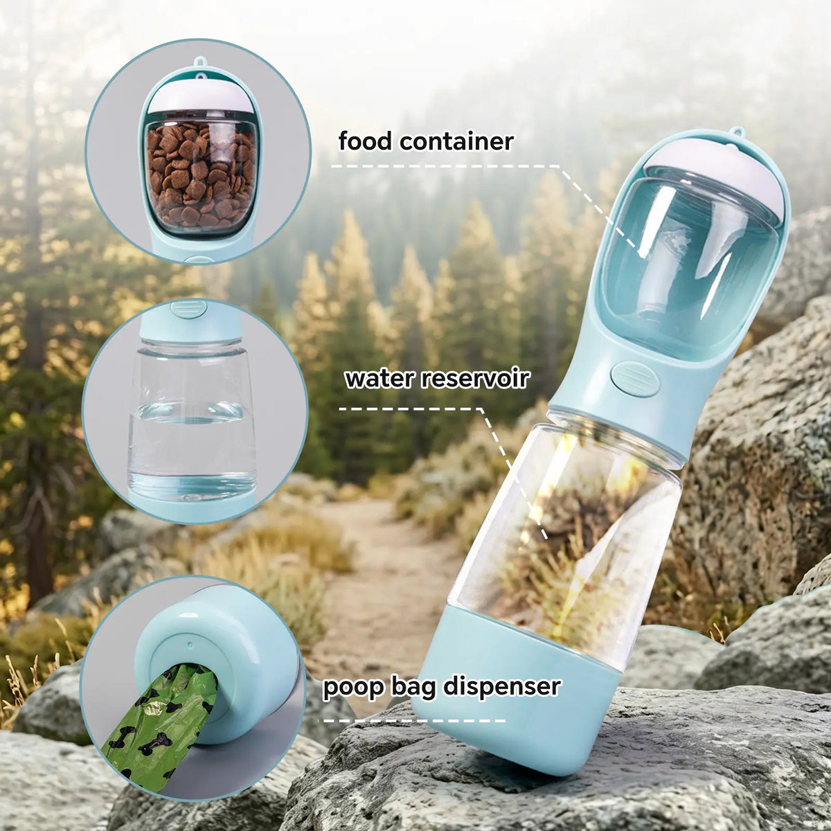 Portable 3-in-1 Dog Water Bottle with Food Container and Built-In Waste Bag Dispenser - Leak-Proof Travel Solution for Walking and Hiking (29cm x 7.5cm)