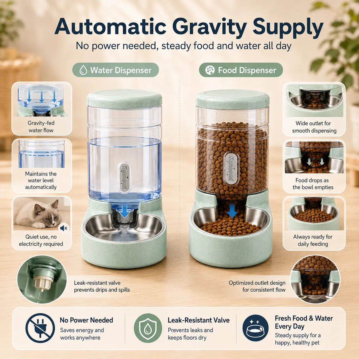 Kacoomi 2-Pack Automatic Gravity Pet Feeder and Water Dispenser Set, 1 Gallon Capacity Each with Stainless Steel Bowls for Cats and Small Dogs