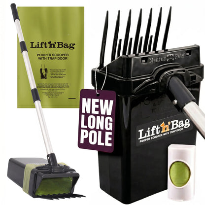 Neater Pets Lift N' Bag Dog Pooper Scooper with Extended 31” Pole - Innovative Scoop-To-Bag Design, One-Handed Operation, Extra-Large Bags, Made in the USA