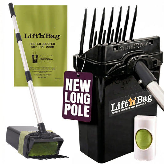 Neater Pets Lift N' Bag Dog Pooper Scooper with Extended 31” Pole - Innovative Scoop-To-Bag Design, One-Handed Operation, Extra-Large Bags, Made in the USA