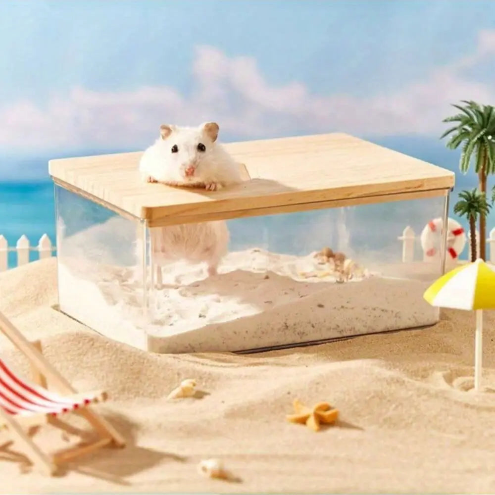 Transparent Acrylic Dual-Purpose Bath Sandbox and Pet Toilet Bowl with Beach Theme Design, Wooden Platform for Goldfish Supplies and Hamster Habitat