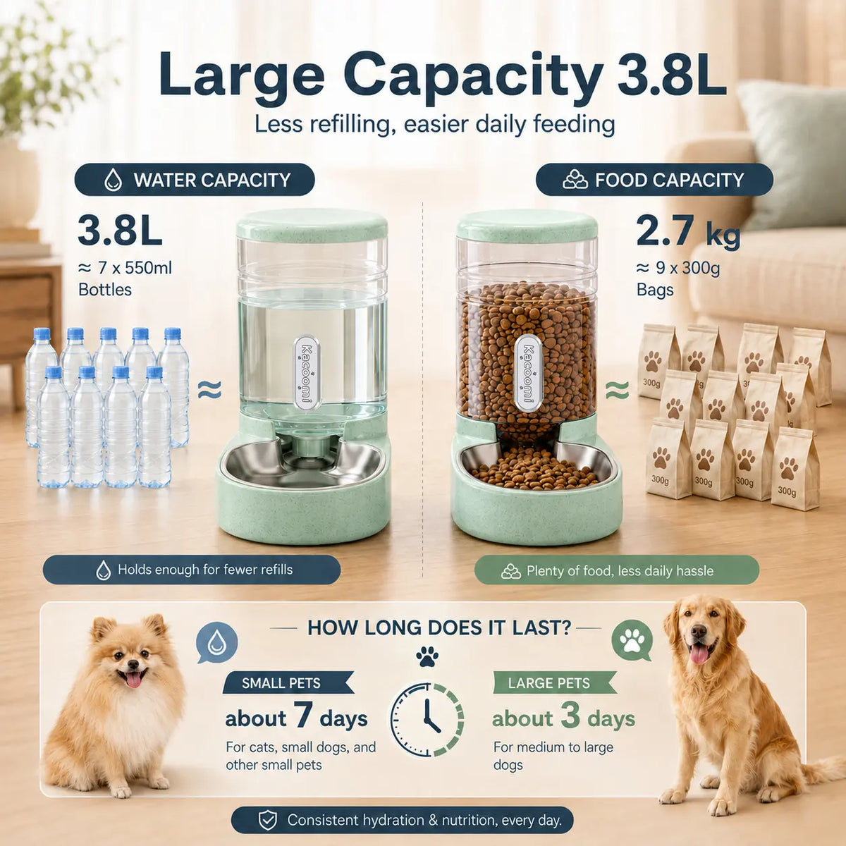 Kacoomi 2-Pack Automatic Gravity Pet Feeder and Water Dispenser Set, 1 Gallon Capacity Each with Stainless Steel Bowls for Cats and Small Dogs