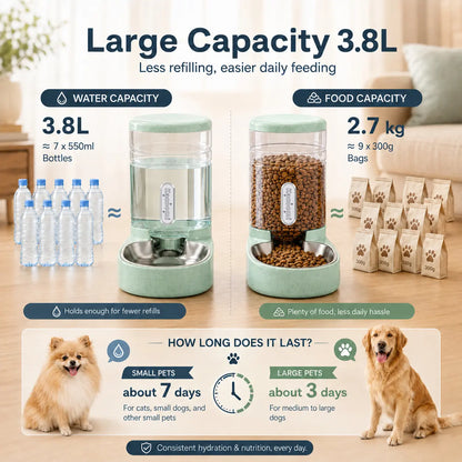 Kacoomi 2-Pack Automatic Gravity Pet Feeder and Water Dispenser Set, 1 Gallon Capacity Each with Stainless Steel Bowls for Cats and Small Dogs