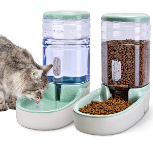 Kacoomi 2-Pack Automatic Gravity Pet Feeder and Water Dispenser Set, 1 Gallon Capacity Each with Stainless Steel Bowls for Cats and Small Dogs