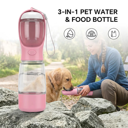 Portable 3-in-1 Dog Water Bottle with Food Container and Built-In Waste Bag Dispenser - Leak-Proof Travel Solution for Walking and Hiking (29cm x 7.5cm)