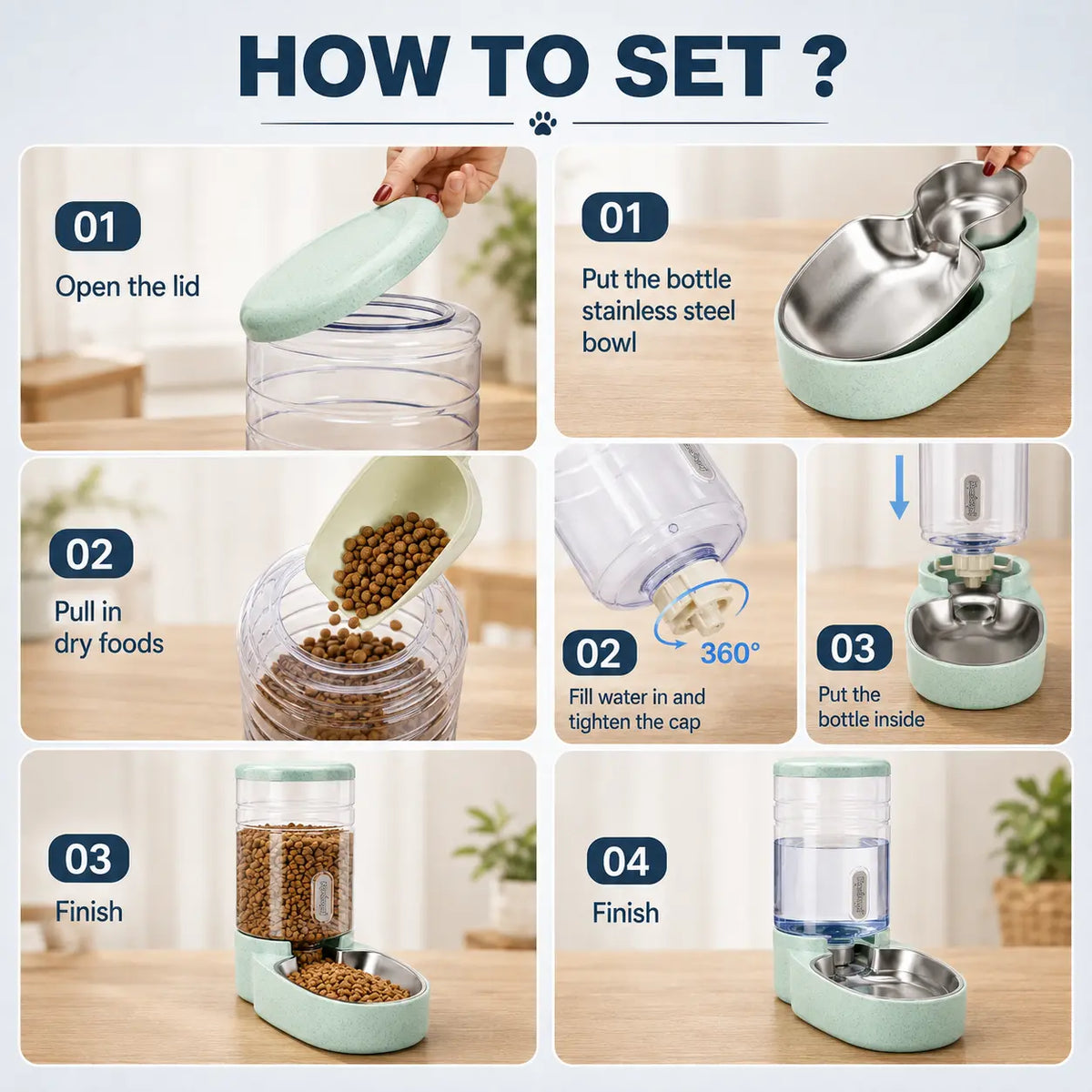 Kacoomi 2-Pack Automatic Gravity Pet Feeder and Water Dispenser Set, 1 Gallon Capacity Each with Stainless Steel Bowls for Cats and Small Dogs
