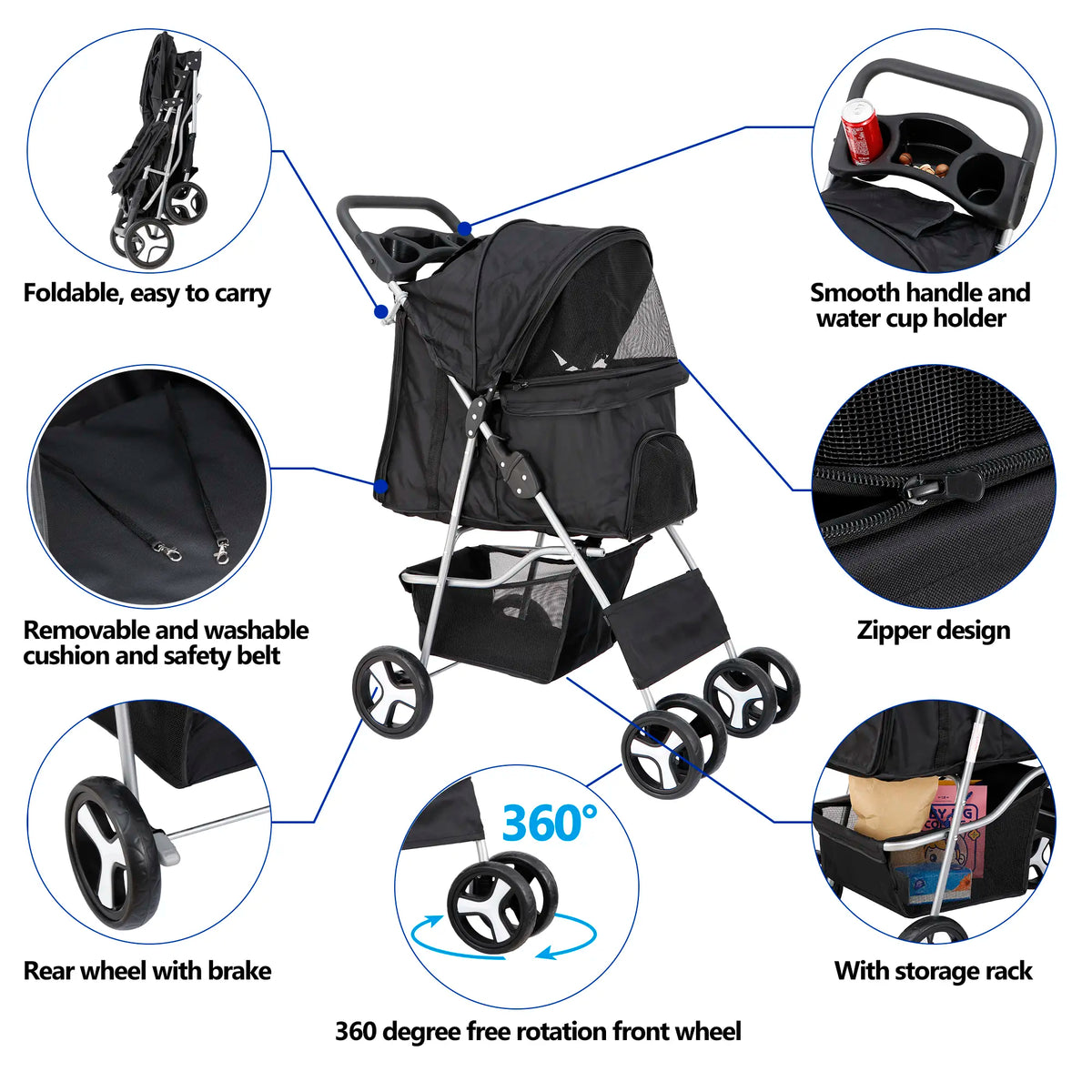 Segawe Foldable Pet Dog Stroller for Small Cat Dog with Storage Basket & Cup Holder for Pet Travel,Summerwins