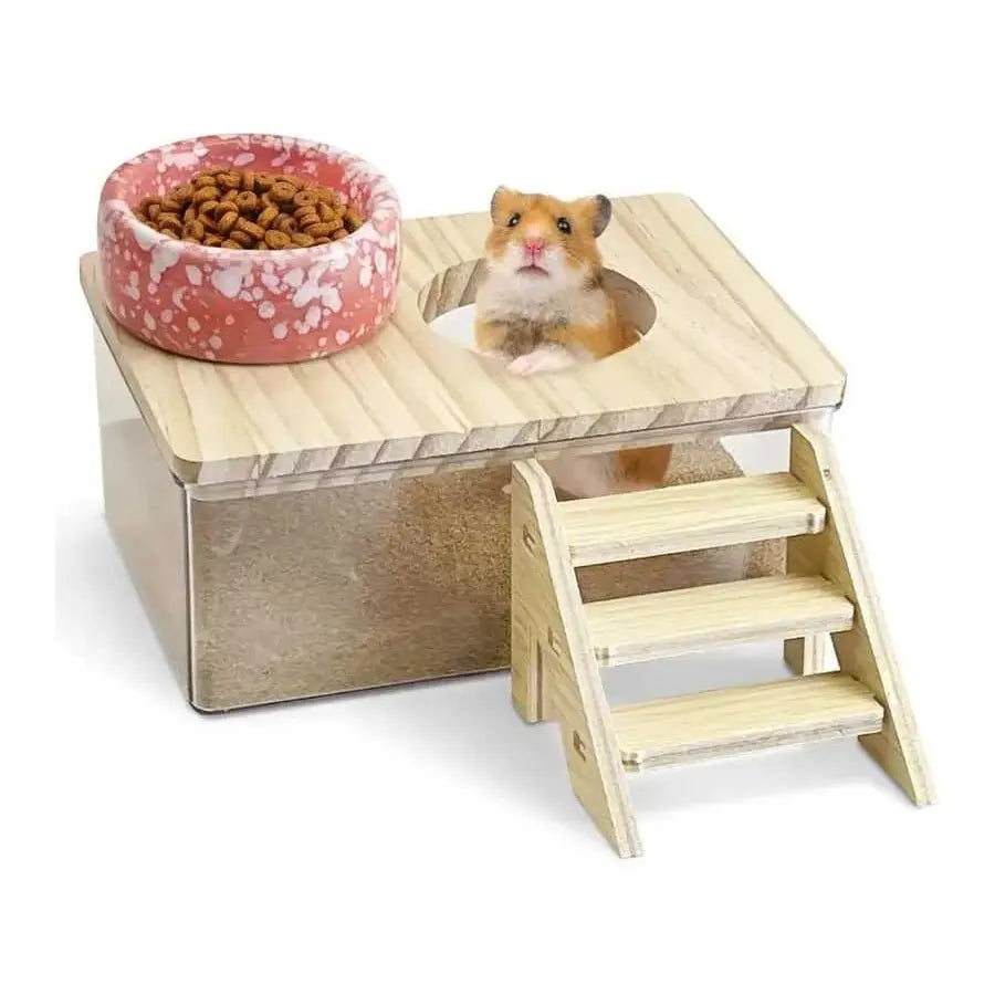 Transparent Acrylic Dual-Purpose Bath Sandbox and Pet Toilet Bowl with Beach Theme Design, Wooden Platform for Goldfish Supplies and Hamster Habitat