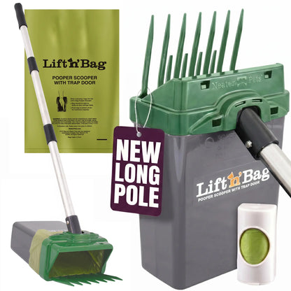 Neater Pets Lift N' Bag Dog Pooper Scooper with Extended 31” Pole - Innovative Scoop-To-Bag Design, One-Handed Operation, Extra-Large Bags, Made in the USA