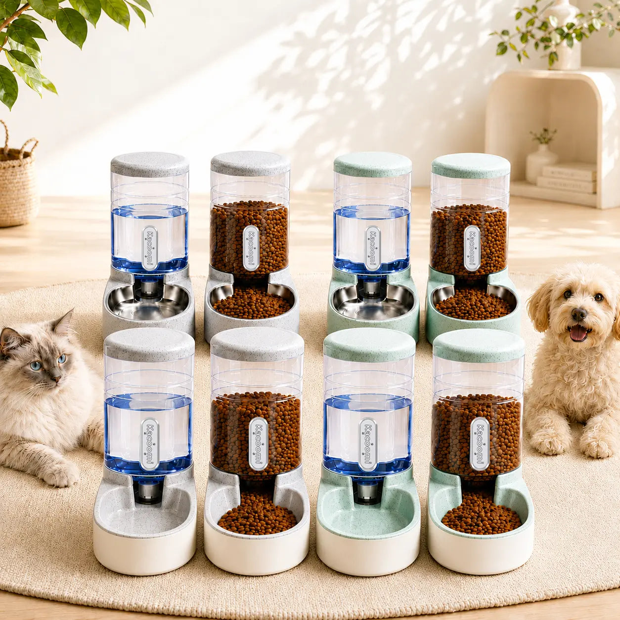 Kacoomi 2-Pack Automatic Gravity Pet Feeder and Water Dispenser Set, 1 Gallon Capacity Each with Stainless Steel Bowls for Cats and Small Dogs