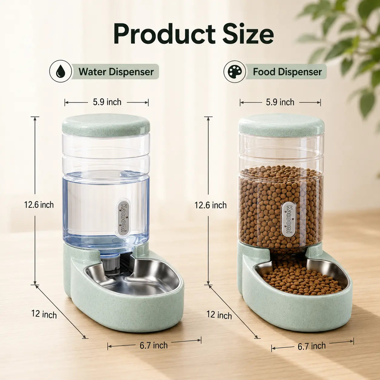 Kacoomi 2-Pack Automatic Gravity Pet Feeder and Water Dispenser Set, 1 Gallon Capacity Each with Stainless Steel Bowls for Cats and Small Dogs