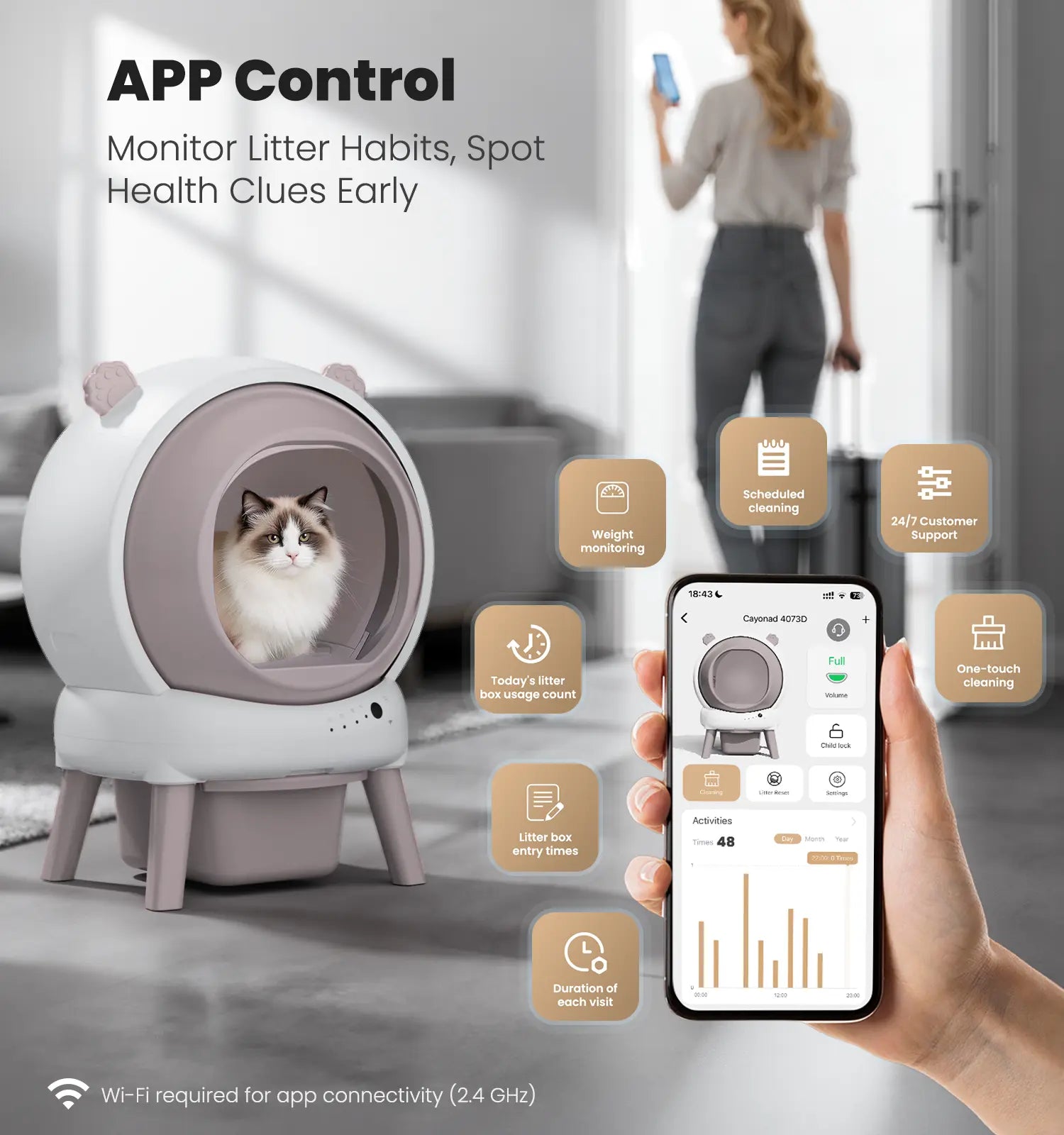 Automatic Self-Cleaning Litter Box for Multiple Cats with APP Monitoring, Dual Safety Features, and Odor-Free Waste Disposal - Includes Trash Bags, Pink