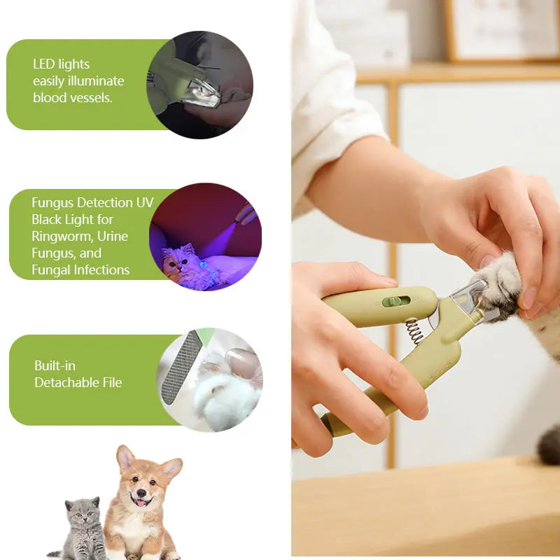 Professional Pet Nail Trimmer with LED Light and UV Lamp - Quick and Safe Grooming, Sharp Blades, Built-In Nail File, Nail Collector, Non-Slip Ergonomic Handle for All Pet Sizes