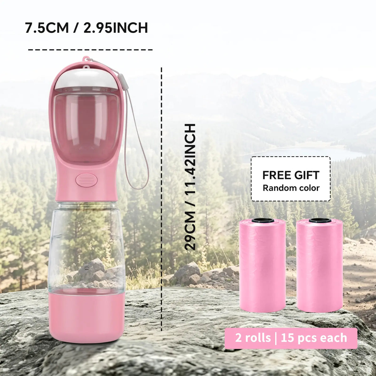 Portable 3-in-1 Dog Water Bottle with Food Container and Built-In Waste Bag Dispenser - Leak-Proof Travel Solution for Walking and Hiking (29cm x 7.5cm)