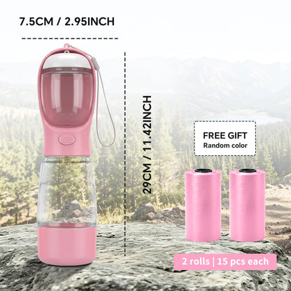 Portable 3-in-1 Dog Water Bottle with Food Container and Built-In Waste Bag Dispenser - Leak-Proof Travel Solution for Walking and Hiking (29cm x 7.5cm)