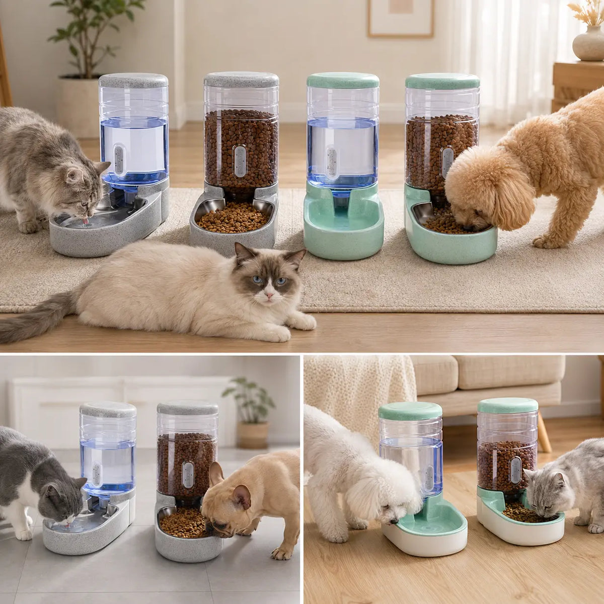 Kacoomi 2-Pack Automatic Gravity Pet Feeder and Water Dispenser Set, 1 Gallon Capacity Each with Stainless Steel Bowls for Cats and Small Dogs