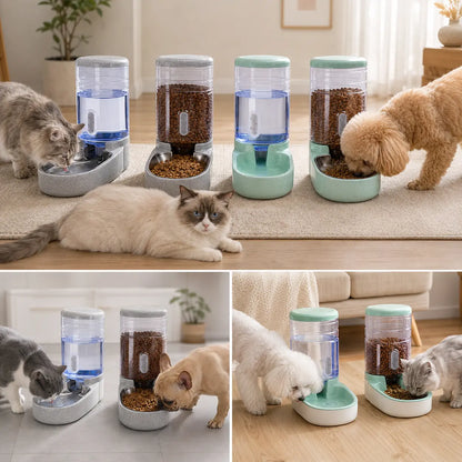 Kacoomi 2-Pack Automatic Gravity Pet Feeder and Water Dispenser Set, 1 Gallon Capacity Each with Stainless Steel Bowls for Cats and Small Dogs