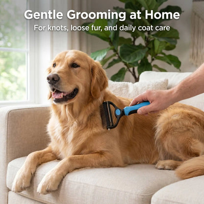 Dual-Sided Stainless Steel Pet Grooming Brush and Deshedding Comb for Dogs - Undercoat Rake with Metal Teeth for Reducing Shedding and Detangling Knots and Mats, Ideal for Daily Home Grooming
