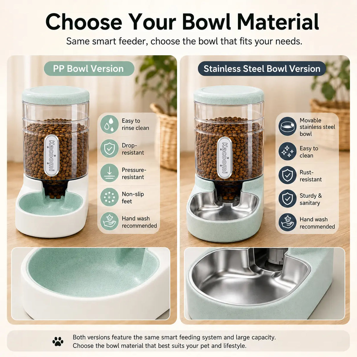 Kacoomi 2-Pack Automatic Gravity Pet Feeder and Water Dispenser Set, 1 Gallon Capacity Each with Stainless Steel Bowls for Cats and Small Dogs