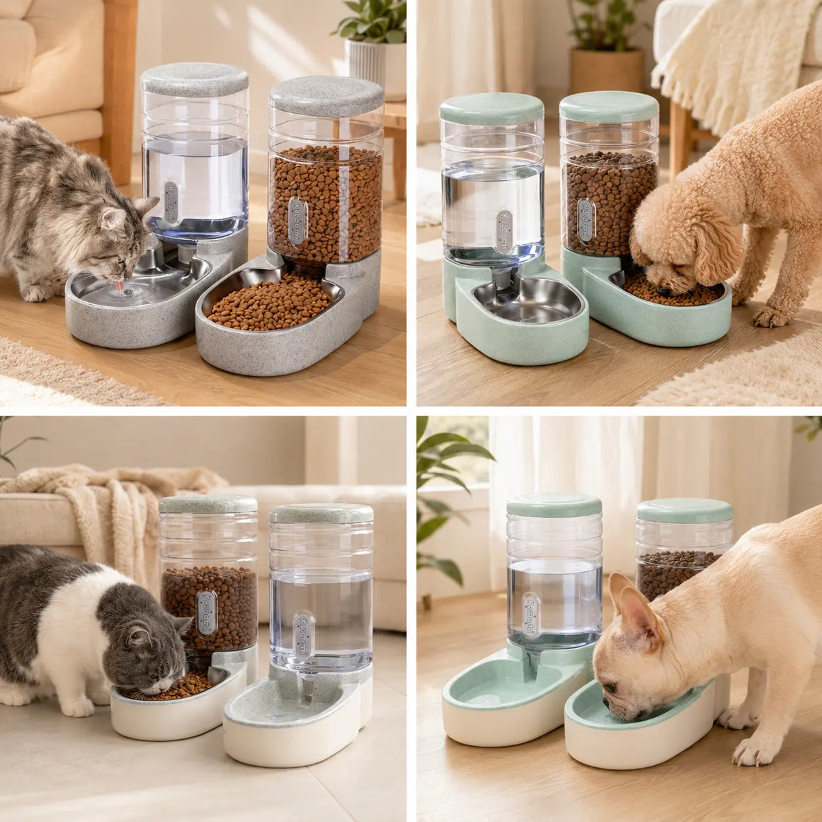 Kacoomi 2-Pack Automatic Gravity Pet Feeder and Water Dispenser Set, 1 Gallon Capacity Each with Stainless Steel Bowls for Cats and Small Dogs