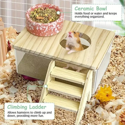 Transparent Acrylic Dual-Purpose Bath Sandbox and Pet Toilet Bowl with Beach Theme Design, Wooden Platform for Goldfish Supplies and Hamster Habitat
